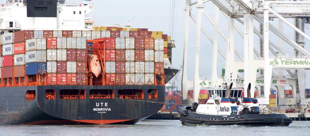 containers on boat at port